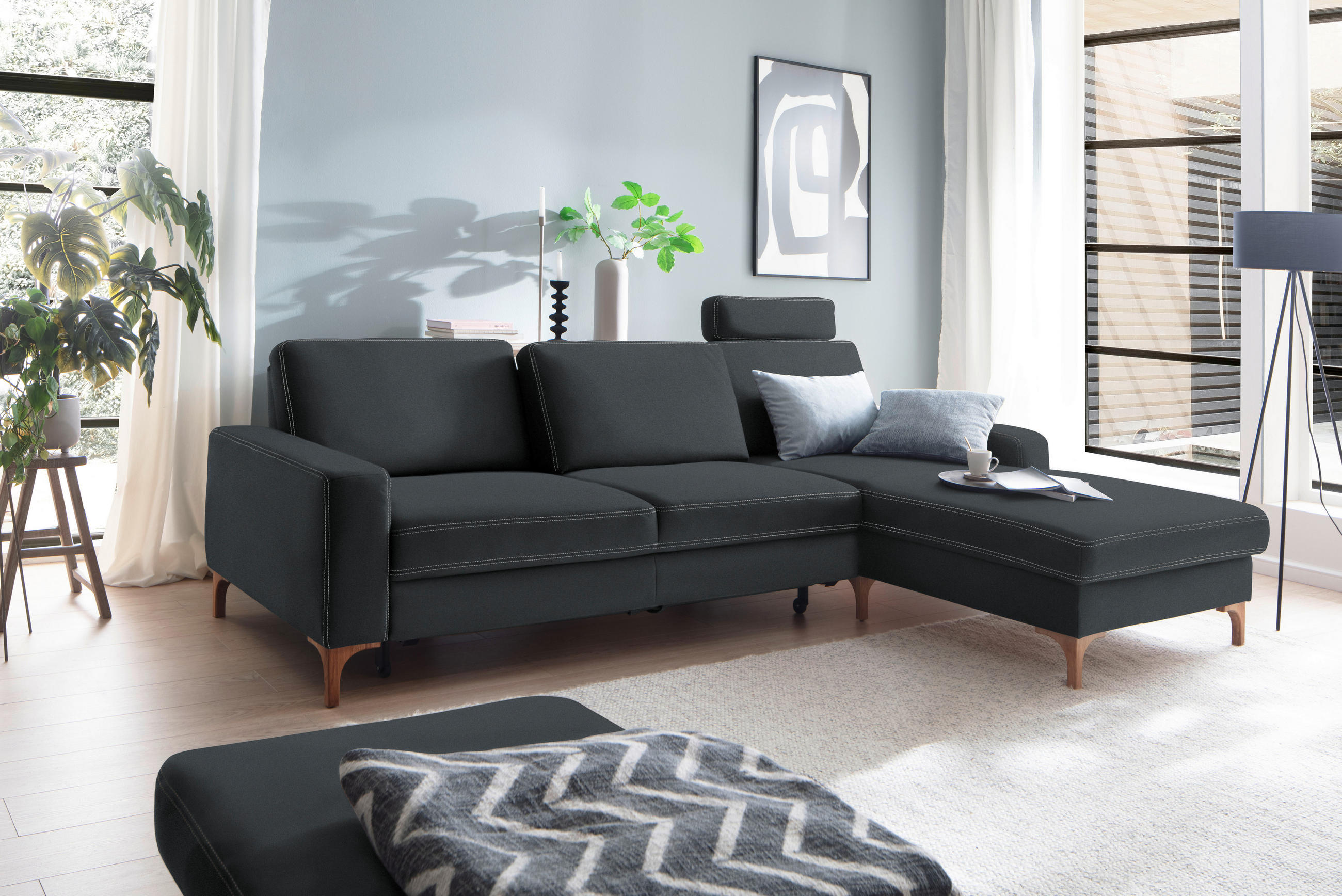 ECKSOFA in Mikrofaser Grau  - Eichefarben/Beige, Design, Holz/Textil (278/185cm) - Pure Home Lifestyle