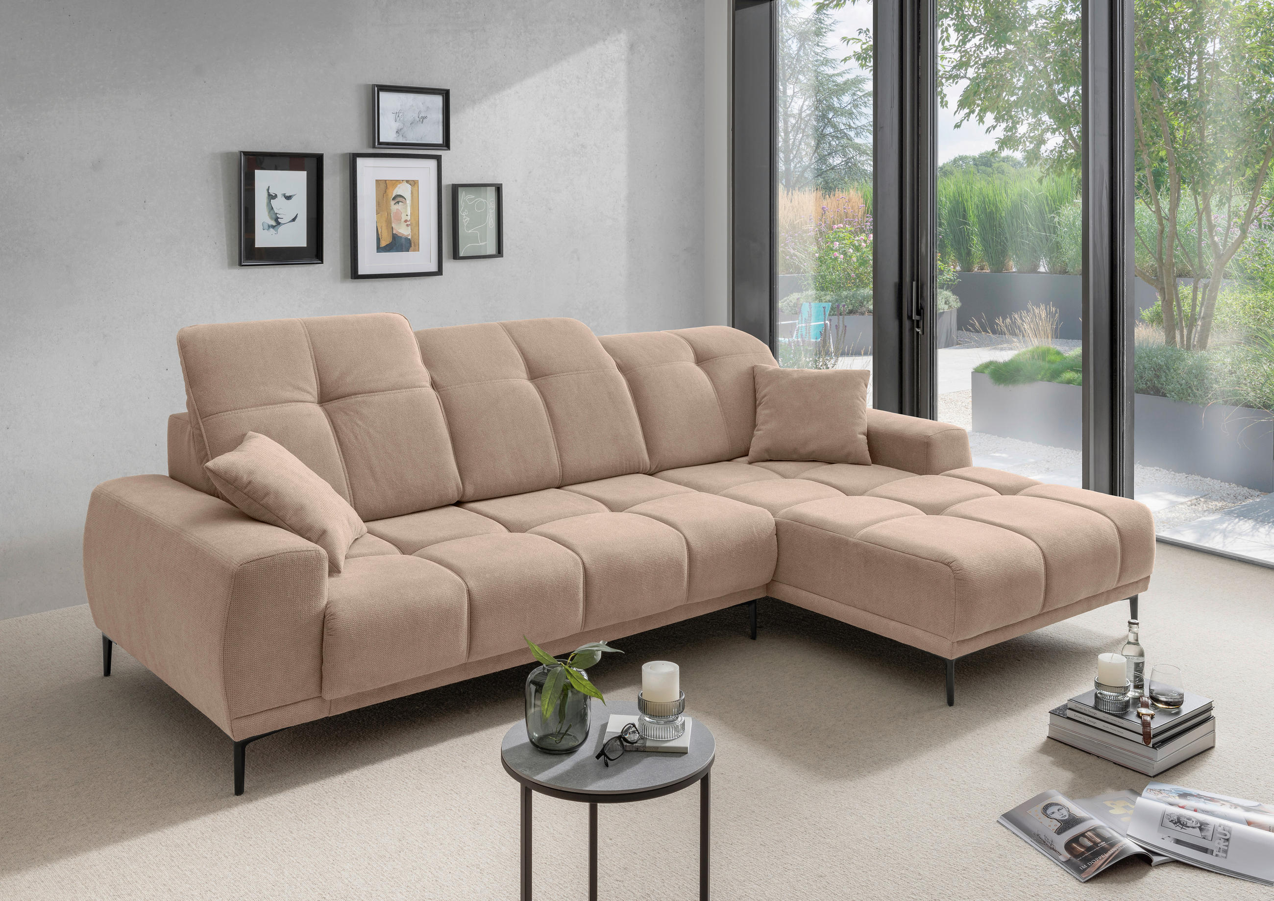 ECKSOFA NESTO Hellbraun Chenille Zierkissen, Kopfteilverstellung, Sitztiefenverstellung  - Hellbraun/Schwarz, Basics, Textil/Metall (292/187cm) - Livetastic
