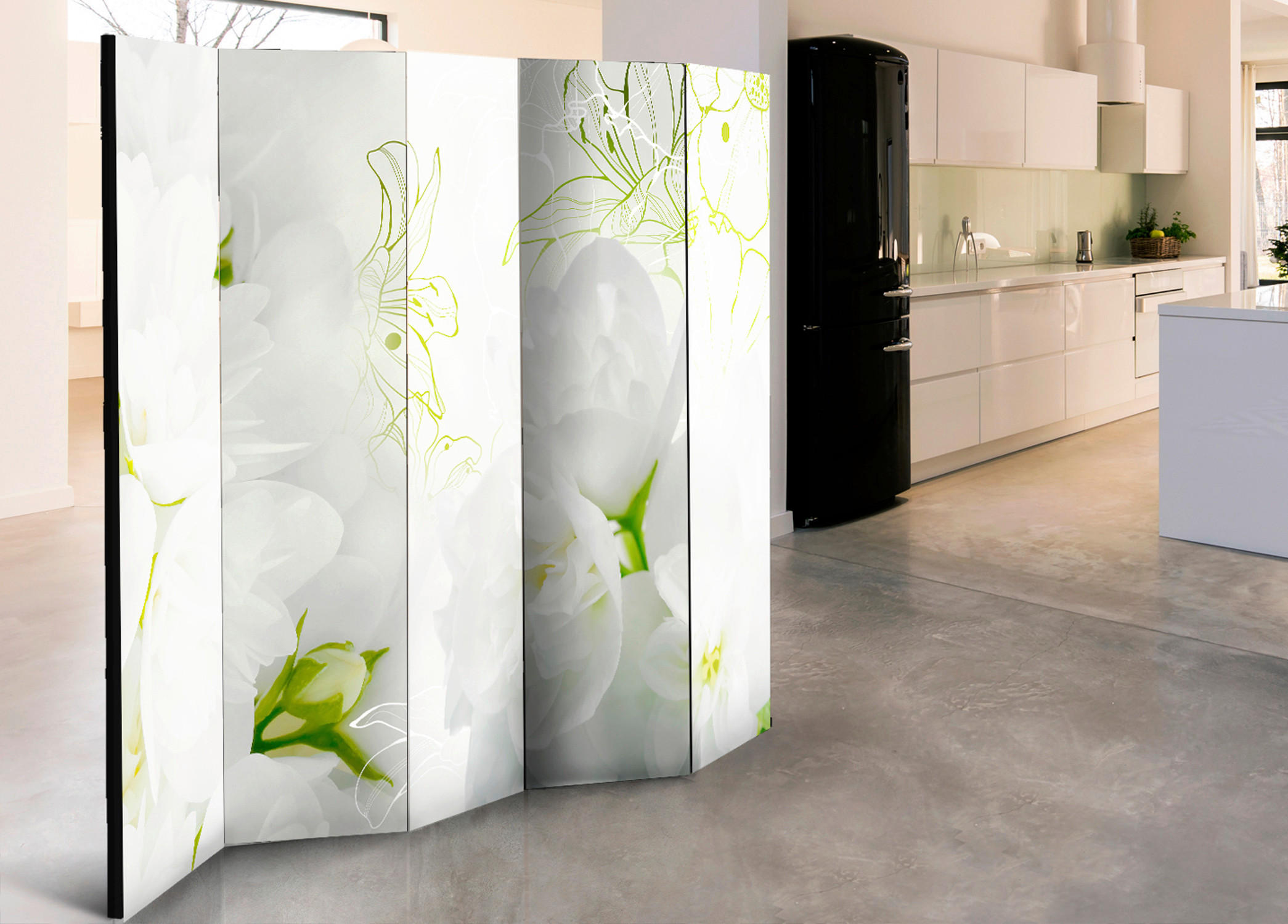 Thumbnail - artgeist Paravent, Weiß, Hellgrün, Holz, Kunststoff, Textil, Kiefer, massiv, Floral, Motiv auf Vorder- und Rückseite, Ak...