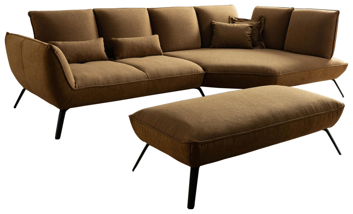 ECKSOFA Braun Flachgewebe Rücken echt, Nierenkissen  - Schwarz/Braun, Design, Textil/Metall (320/169cm) - Moderano