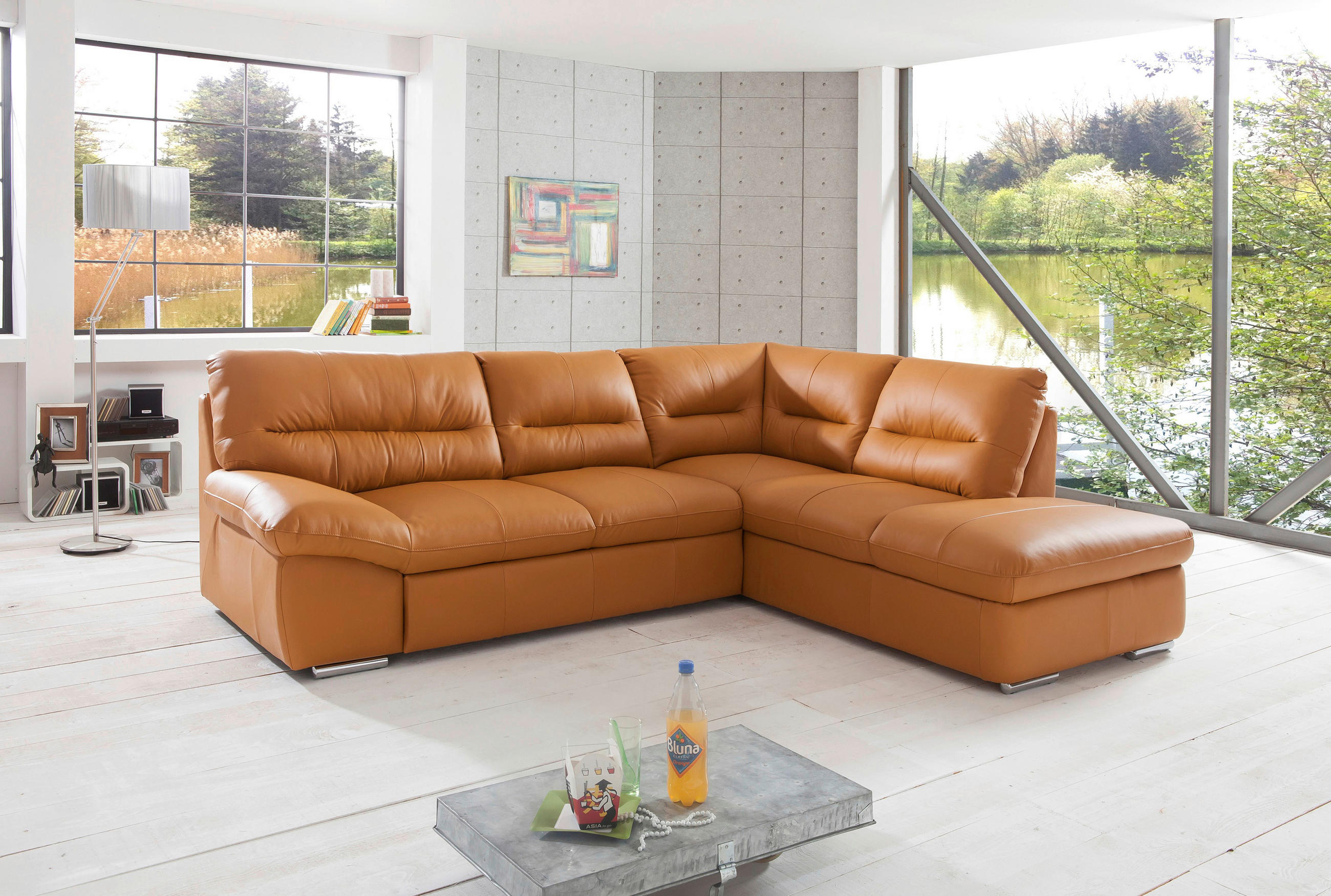 ECKSOFA in Echtleder Cognac  - Chromfarben/Cognac, Design, Leder/Metall (268/216cm) - Livetastic