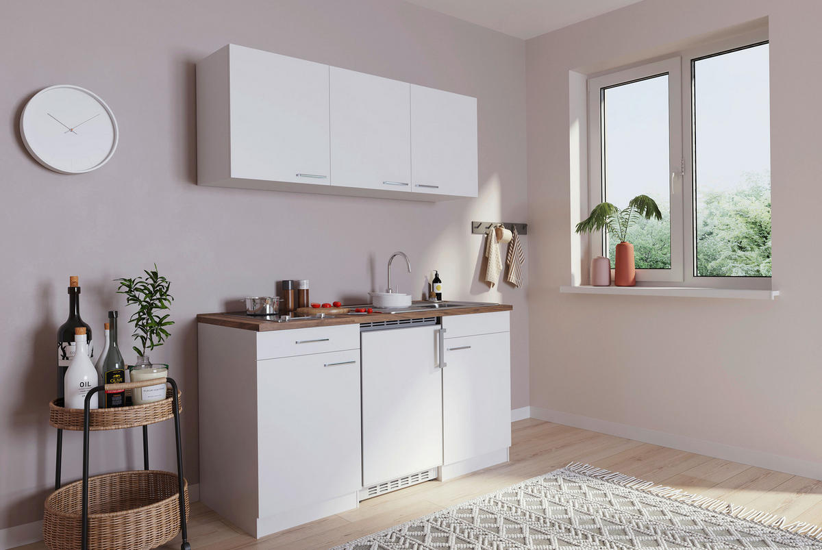 MINIKÜCHE 150 cm   in Weiß  - Edelstahlfarben/Nussbaumfarben, Basics, Holzwerkstoff/Kunststoff (150cm) - Respekta
