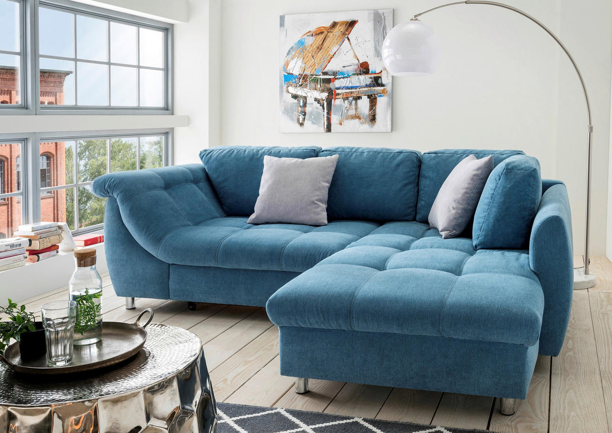 ECKSCHLAFSOFA in Mikrofaser Blau  - Chromfarben/Blau, Modern, Textil/Metall (250/190cm) - Livetastic
