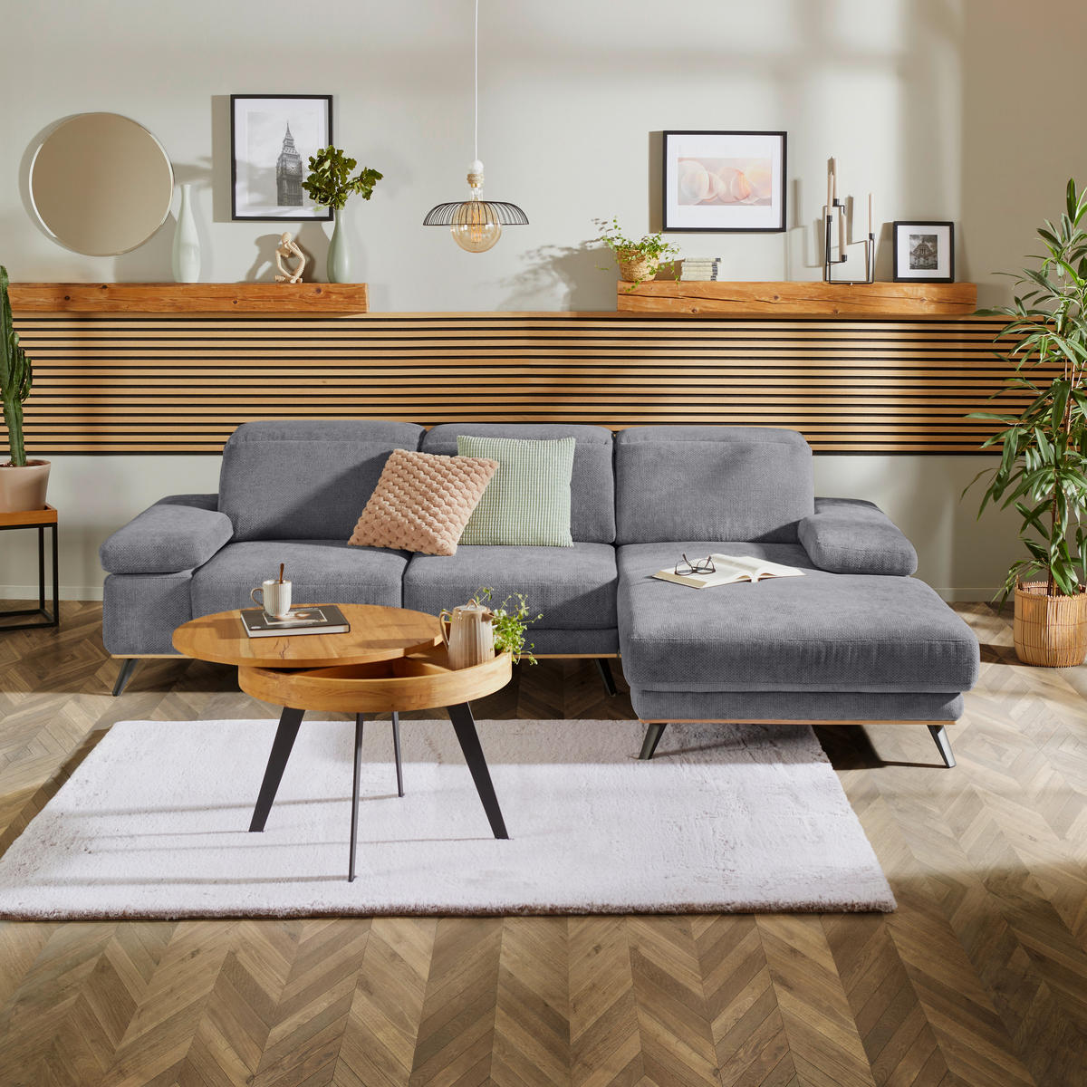 ECKSOFA Struktur Grau  - Schwarz/Grau, Modern, Textil/Metall (283/194cm) - MID.YOU