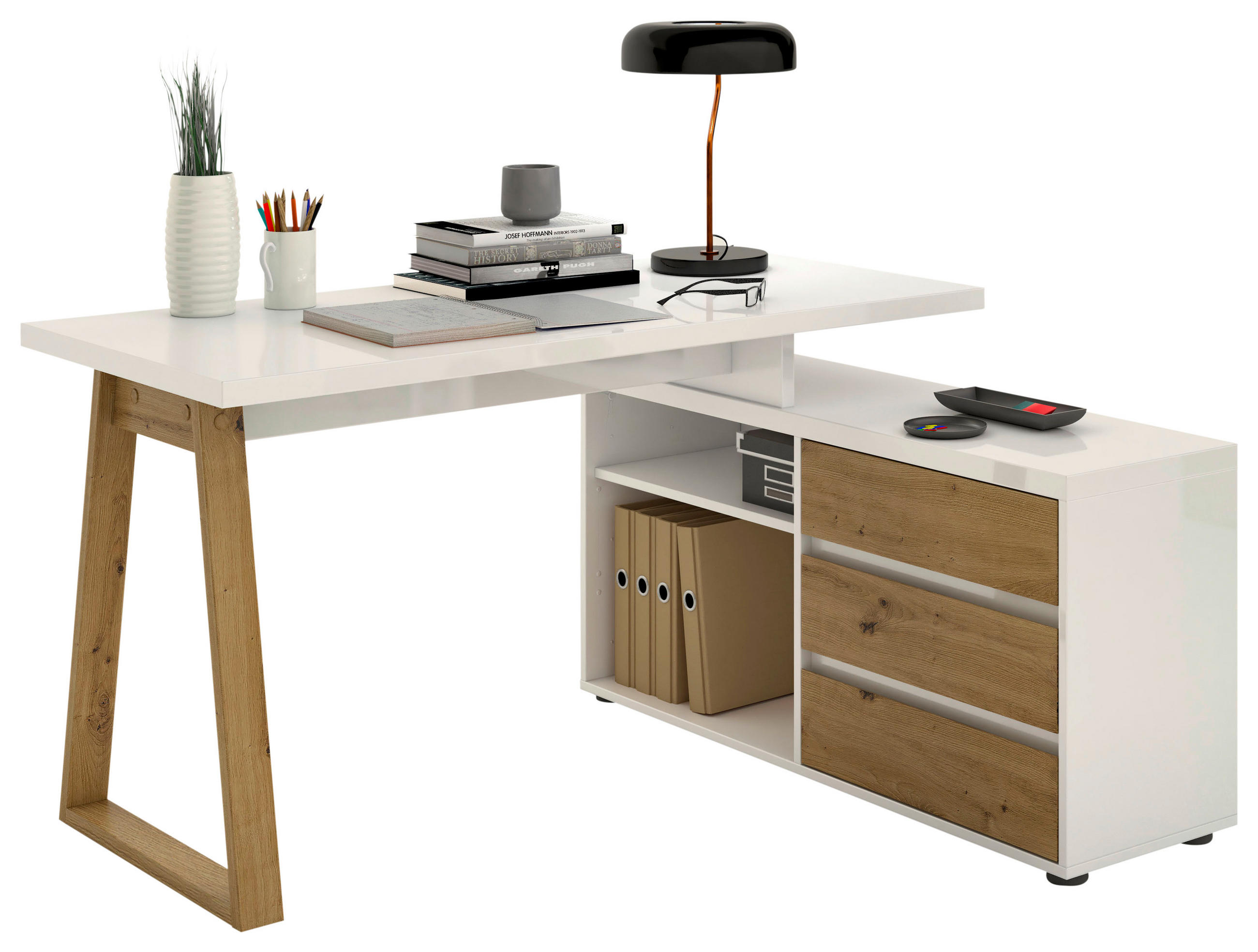 ROHOVÝ PÍSACÍ STÔL, biela, dub artisan, 135/120/75 cm - biela/dub artisan, Modern, kompozitné drevo (135/120/75cm) - Stylife