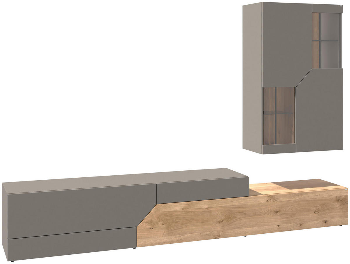 WOHNWAND 2-teilig  Grau, Wildeiche 288/194/44,60 cm  - Wildeiche/Grau, Design, Glas/Holz (288/194/44,60cm) - Voglauer