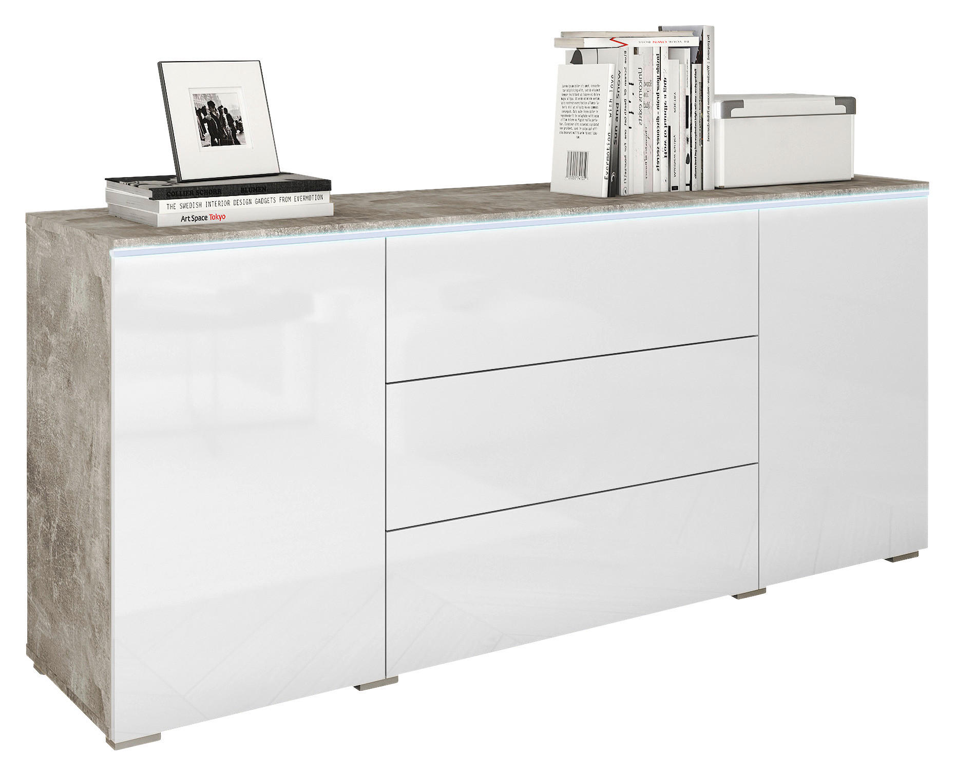 E-shop P & B ŠIROKÁ KOMODA, sivá, biela s vysokým leskom, 150/67,9/39,5 cm
