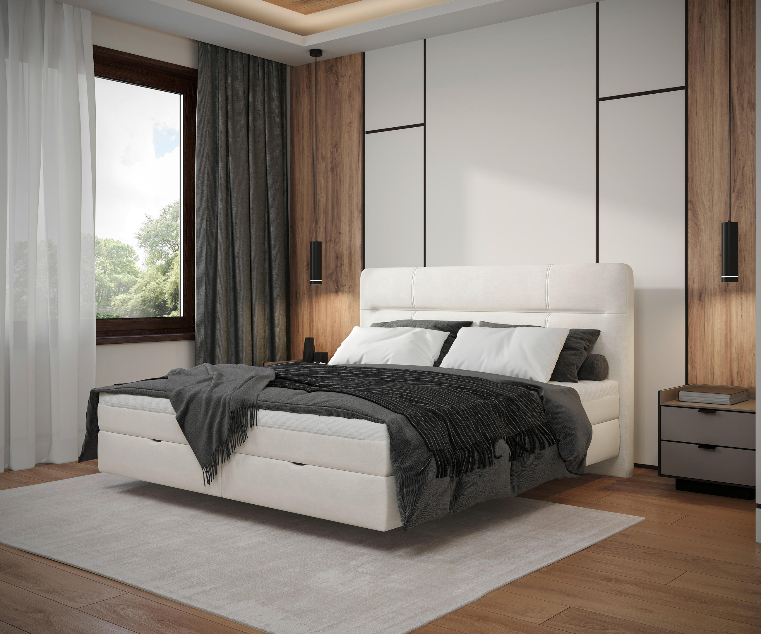 BOXBETT 160/200 cm,  in Creme, gepolstertes Kopfteil, Bettkasten, H3 + H3 = fest  - Creme, MODERN, Holz/Textil (160/200cm) - MID.YOU