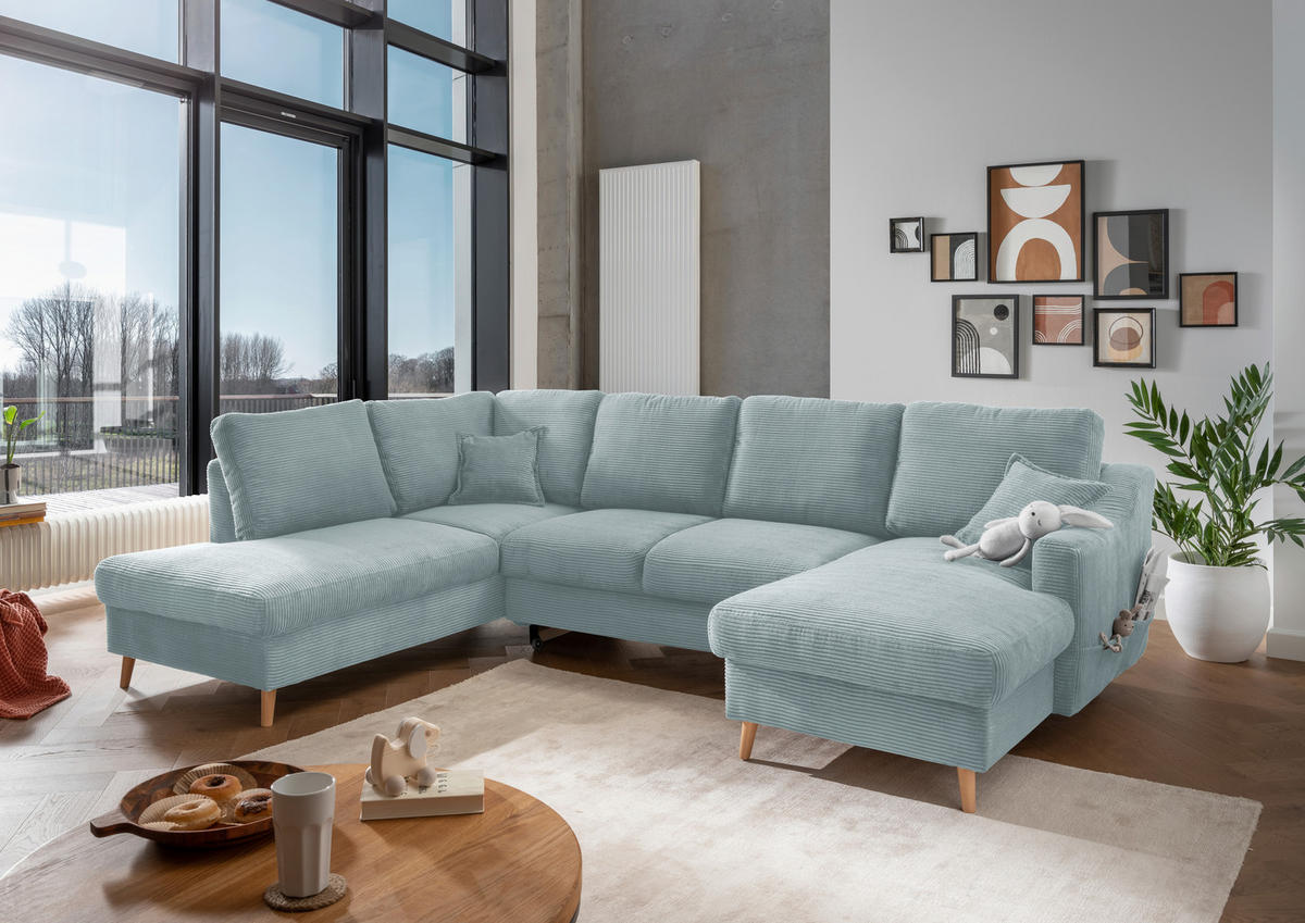 WOHNLANDSCHAFT in Cord Hellblau  - Naturfarben/Hellblau, Konventionell, Holz/Textil (200/301/150cm) - P & B