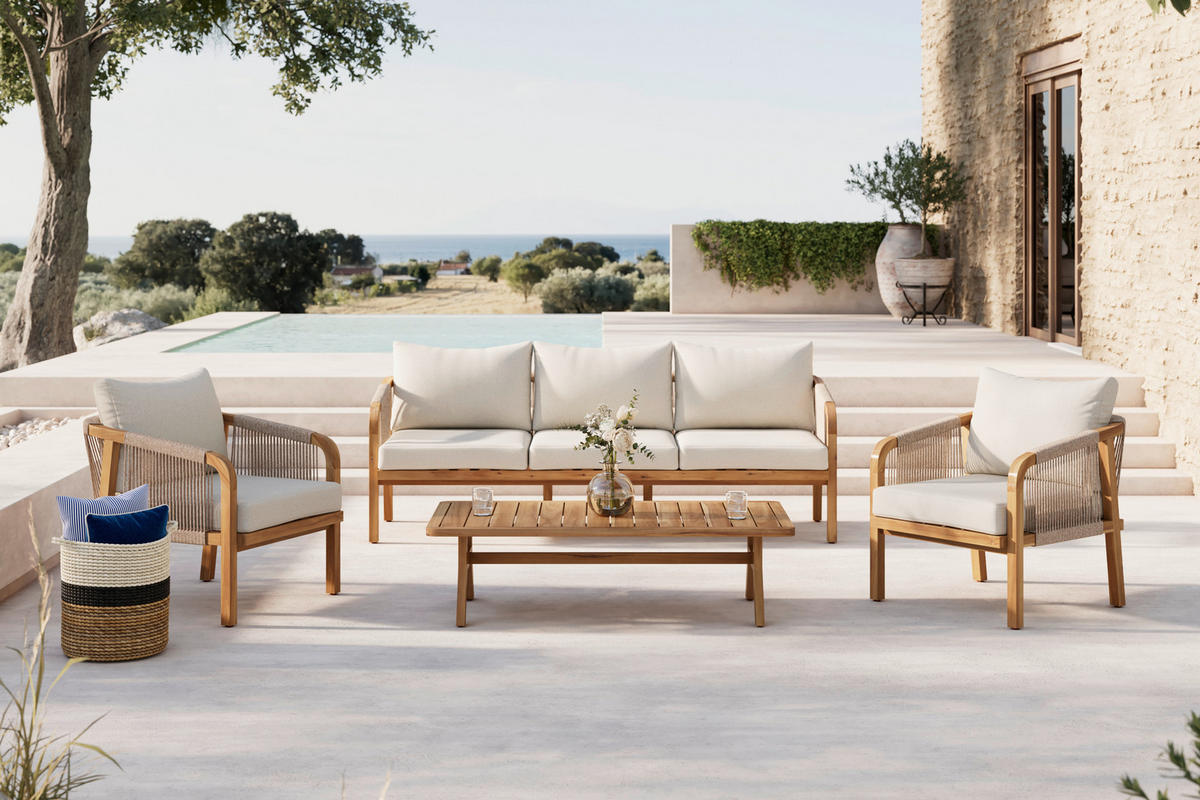 LOUNGEGARNITUR   203,5/69/79,5 cm Akazie massiv  - Beige/Akaziefarben, Natur, Holz (203,5/69/79,5cm) - Ambia Garden