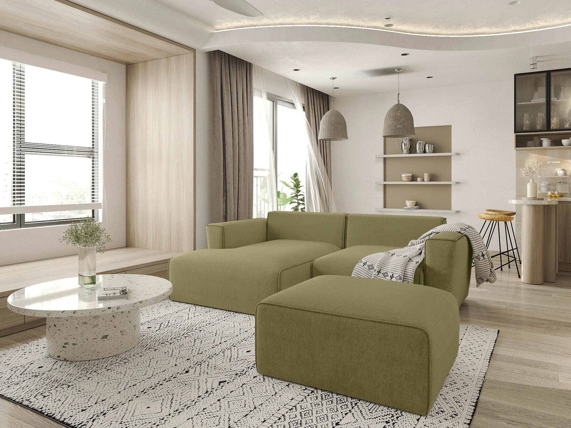 P & B ECKSOFA Olivgrün Struktur, links davon: Hochflorteppich, Couchtisch in weiß, rechts davon: Hängeregal, Beistelltisch in hellem Wohnzimmer.