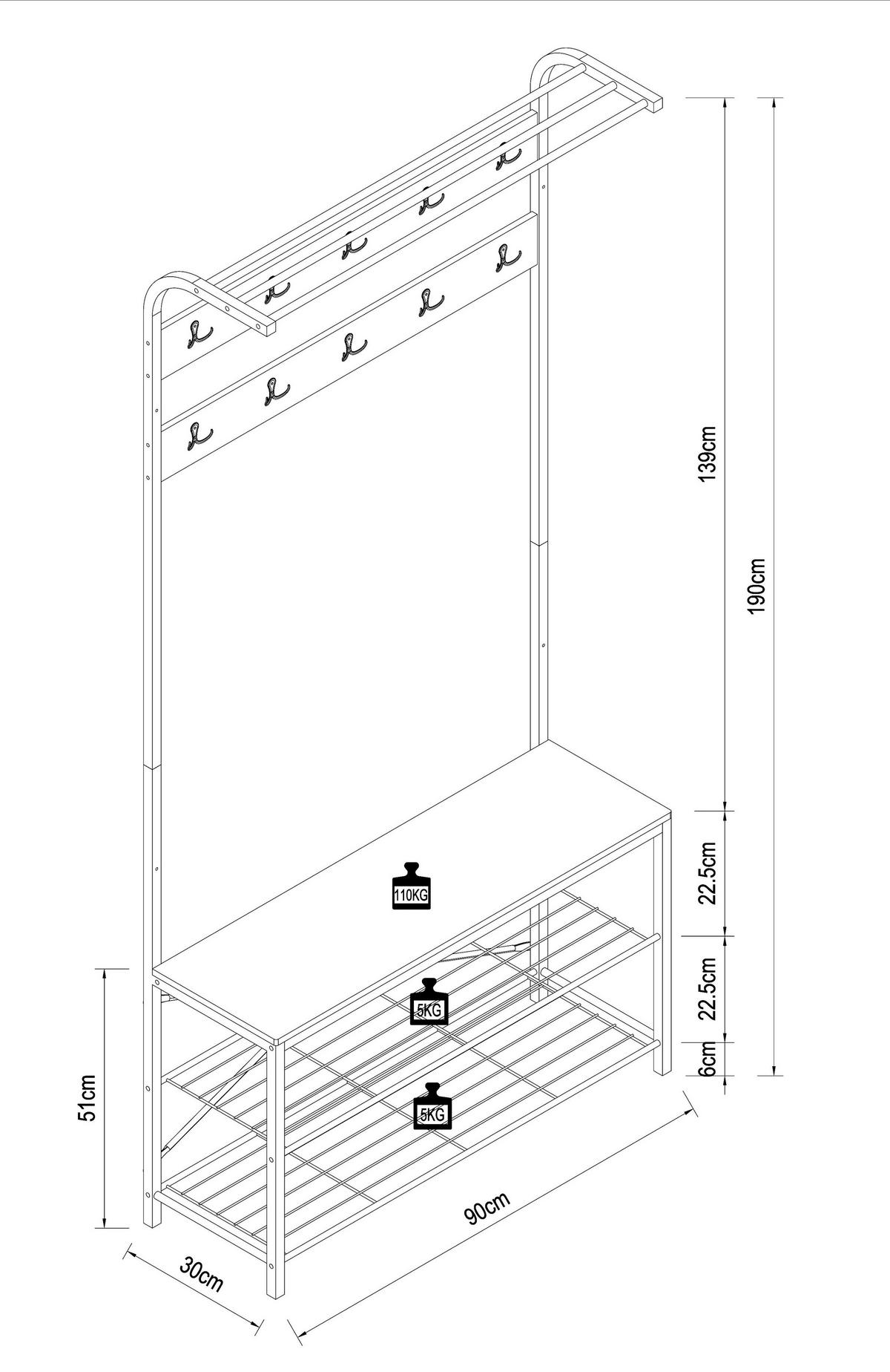 GARDEROBE  in 90/190/30 cm  - Weiss/Schwarz, Design, Holzwerkstoff/Metall (90/190/30cm) - MID.YOU