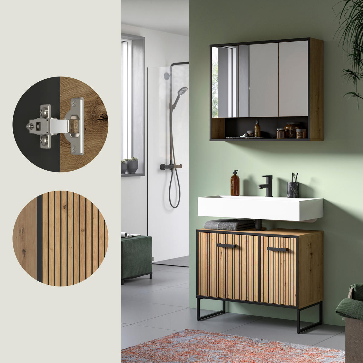 BADRUM 80 cm  - svart/ek Artisan, Trend, metall/trämaterial (80cm) - MID.YOU