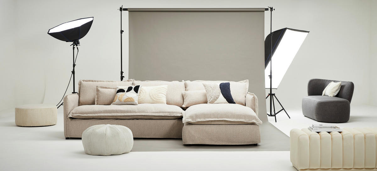 HUSSEN-ECKSOFA in Flachgewebe, Bouclé Beige  - Beige/Schwarz, Trend, Textil/Metall (295/165cm) - Livetastic