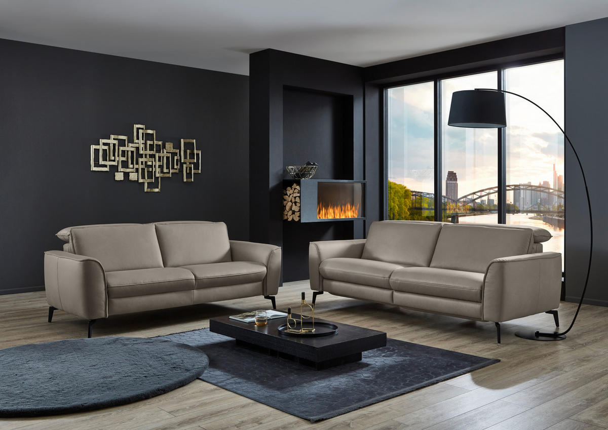 3-SITZER-SOFA in Echtleder Grau  - Schwarz/Grau, Natur, Leder/Metall (222/81/110cm) - Valdera