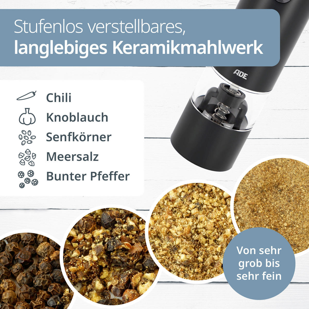 ELEKTR. SALZ-/PFEFFERMÜHLE  - Anthrazit, Basics, Kunststoff/Metall (3,8/3,8/14cm) - ADE