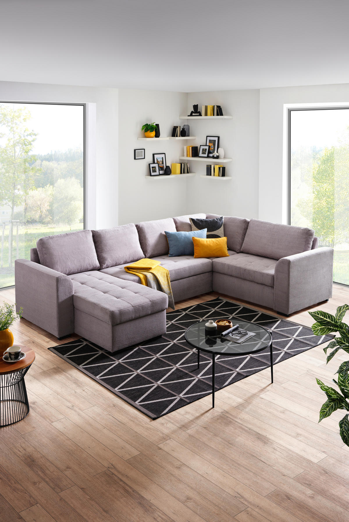 WOHNLANDSCHAFT in Cord, Velours Hellgrau  - Hellgrau/Schwarz, Design, Kunststoff/Textil (160/311/205cm) - Xora