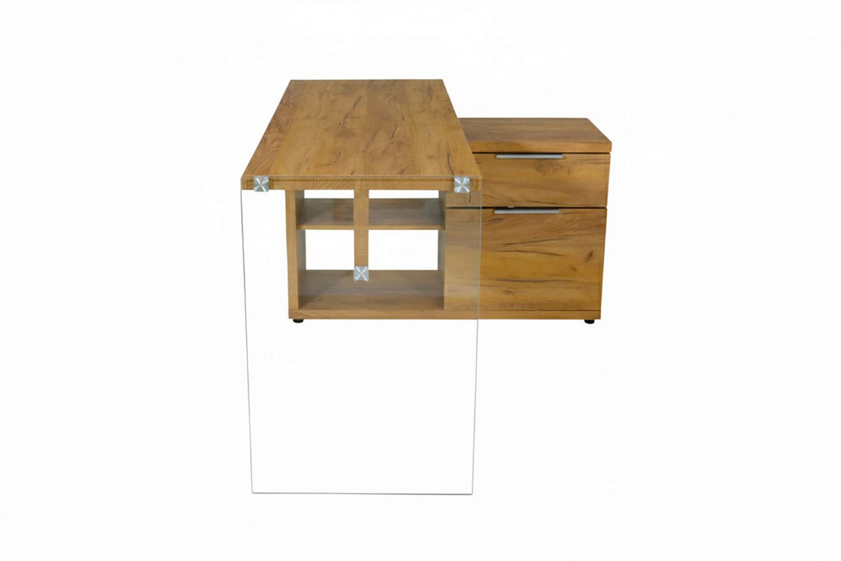 ECKSCHREIBTISCH 141,8/100/74 cm Eichefarben Stauraum, seitenverkehrt montierbar  - Eichefarben/Silberfarben, Design, Glas/Holzwerkstoff (141,8/100/74cm) - MID.YOU