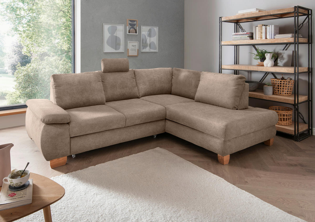 ECKSCHLAFSOFA in Chenille Hellbraun  - Wildeiche/Hellbraun, Modern, Holz/Textil (261/206cm) - Livetastic