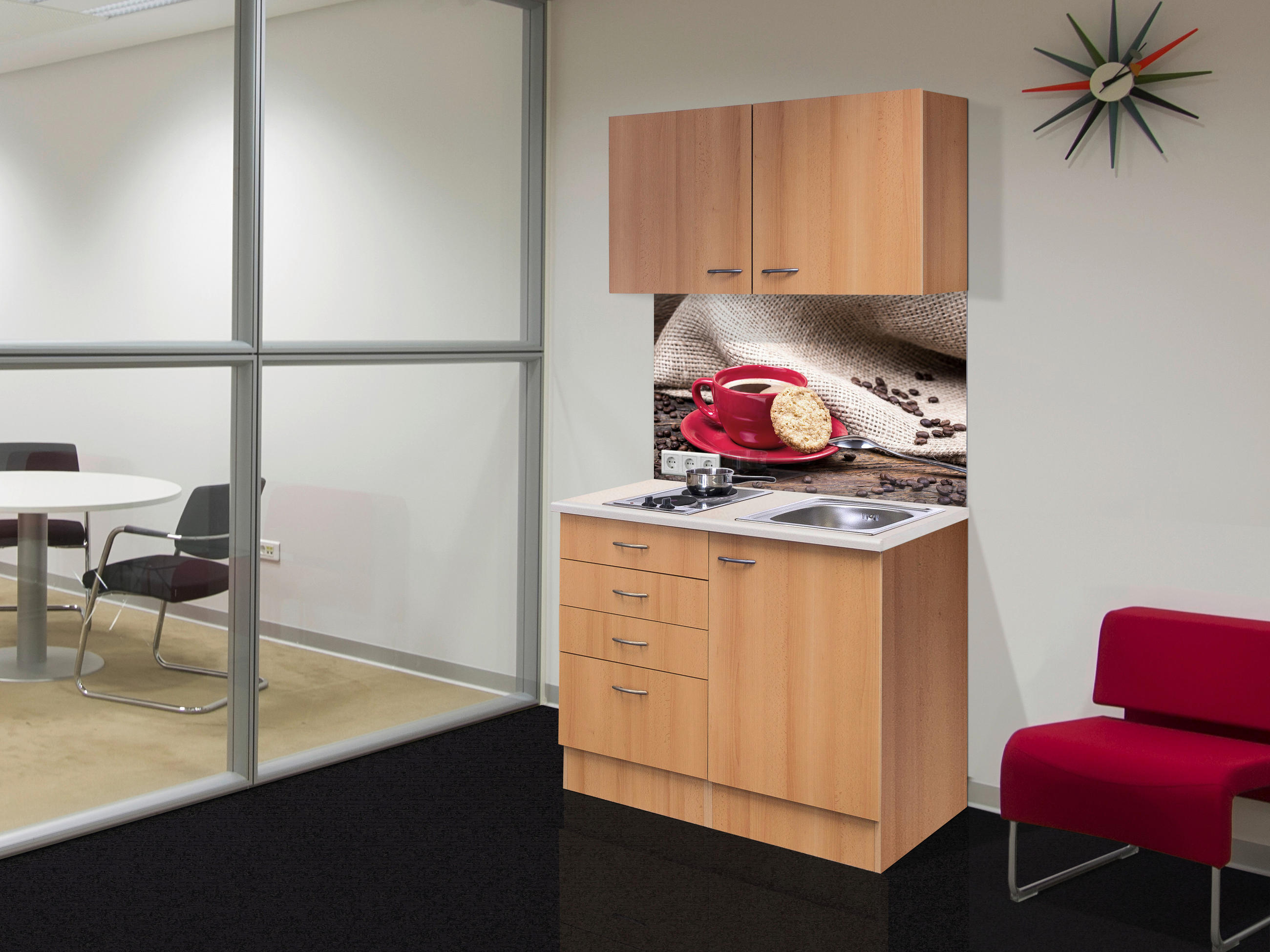 MINIKÜCHE 100 cm   in Buchefarben  - Edelstahlfarben/Beige, MODERN, Holzwerkstoff/Kunststoff (100cm) - FlexWell