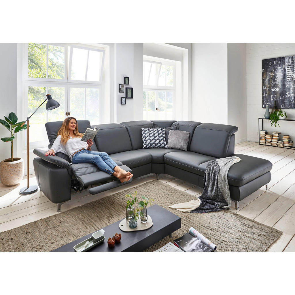 Thumbnail - Cantus Ecksofa, Anthrazit, Leder, Echtleder, Color-Finish-Leder, 4-Sitzer, Ottomane rechts, L-Form, 292x242 cm, Goldenes...