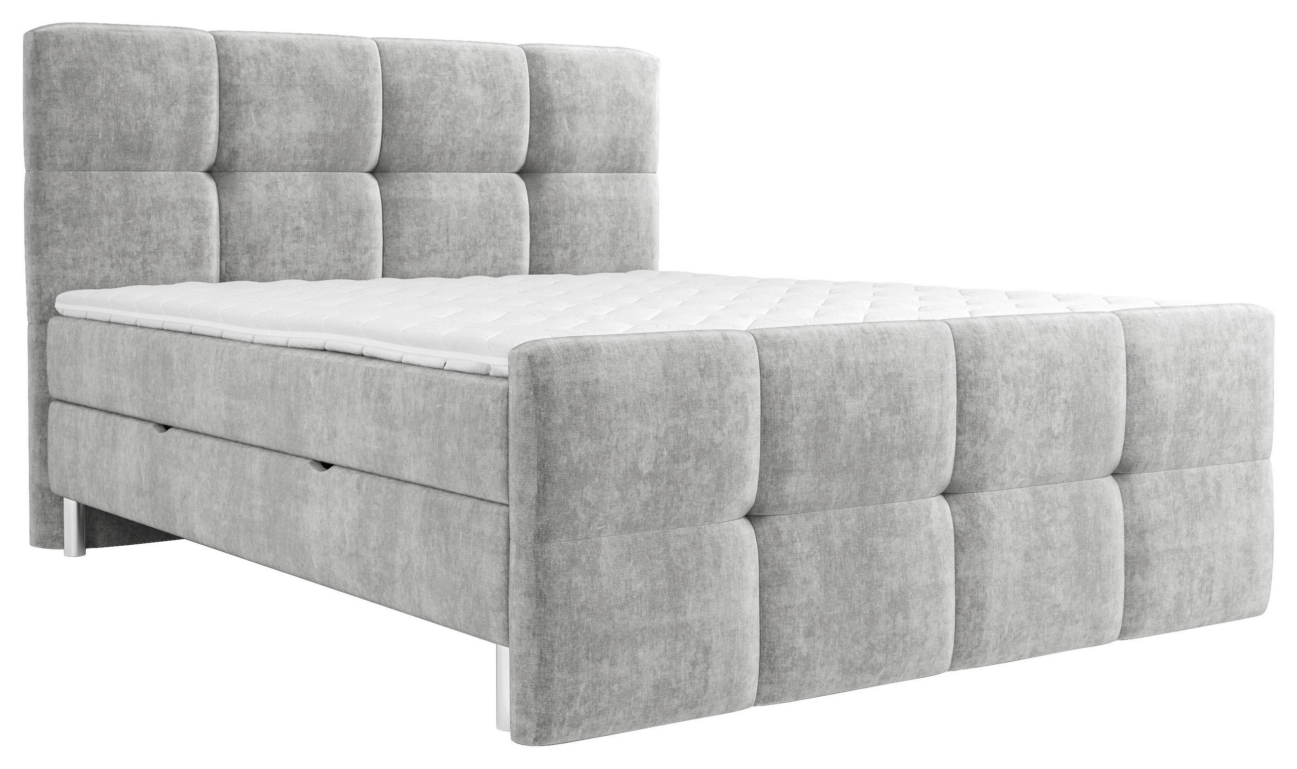 BOXBETT 140/200 cm,  in Hellgrau, gepolstertes Kopfteil, Bettkasten, Topper, H3 = fest  - Chromfarben/Hellgrau, Design, Holz/Holzwerkstoff (140/200cm) - Esposa