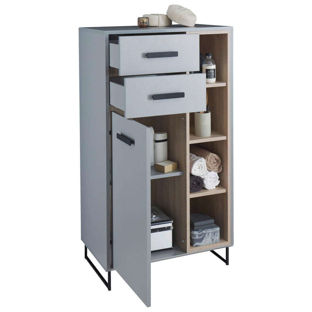 Thumbnail - home24 Midischrank, Grau, Sonoma Eiche, Kunststoff, 4 Fächer, 2 Schubladen, 65x116x38 cm, Made in EU, stehend, Badezimme...