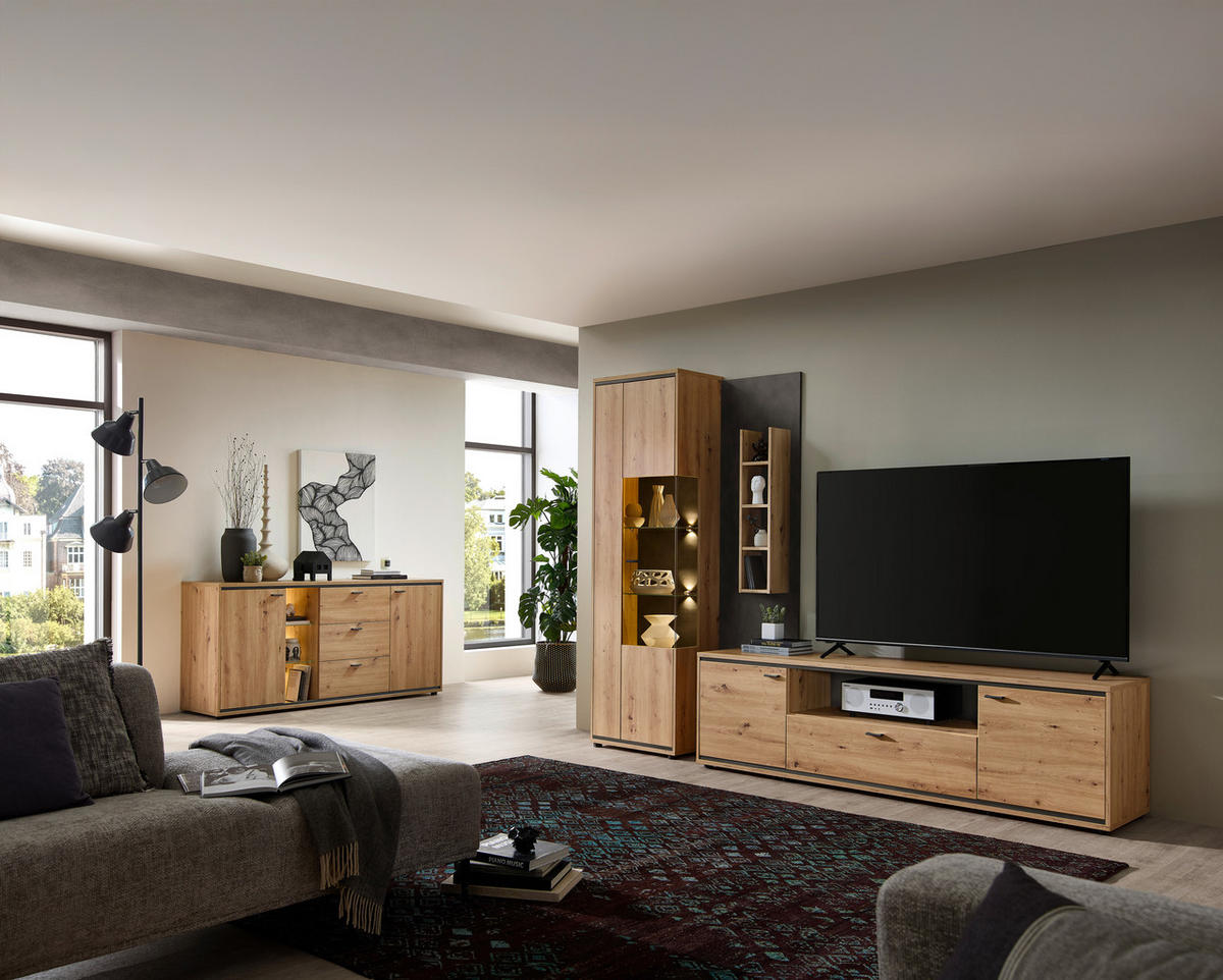 WOHNWAND  Anthrazit, Eiche Artisan 280/205/49 cm  - Anthrazit/Schwarz, Design, Glas/Holzwerkstoff (280/205/49cm) - Stylife