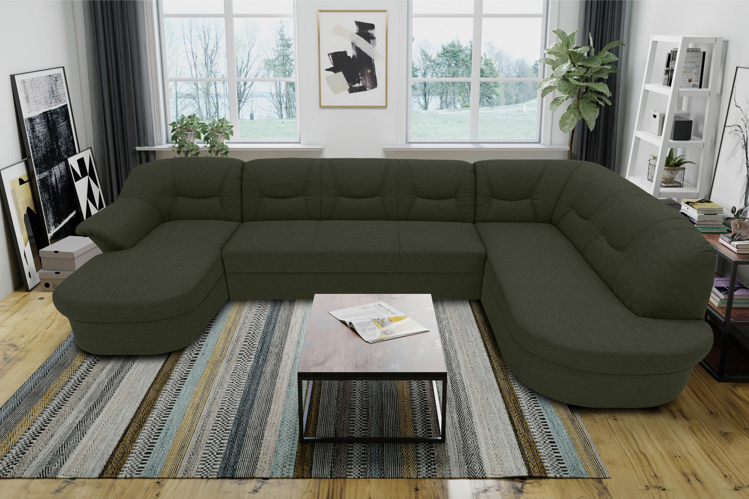 WOHNLANDSCHAFT Grün Mikrofaser - Schwarz/Grün, KONVENTIONELL, Kunststoff/Textil (146/295/180cm) - MID.YOU
