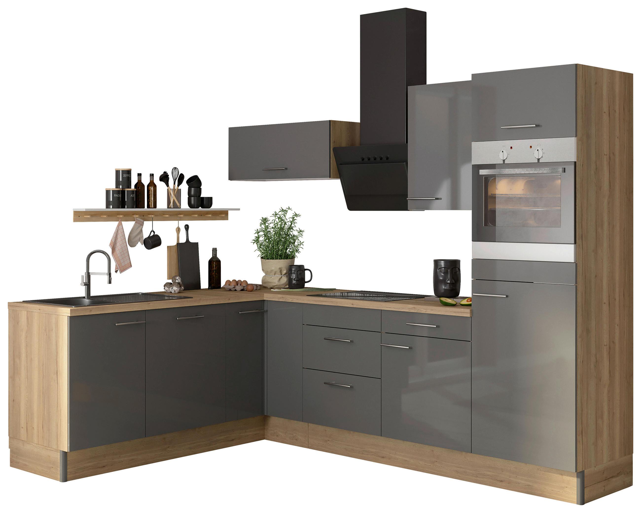 ECKKÜCHE 200/270 cm  in Anthrazit, Eichefarben  - Edelstahlfarben/Eichefarben, Basics, Holzwerkstoff/Metall (200/270cm) - Optifit