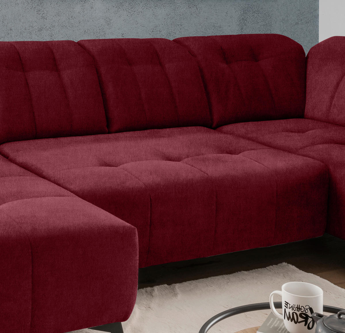 WOHNLANDSCHAFT Bordeaux Mikrofaser  - Bordeaux/Schwarz, MODERN, Textil/Metall (180/337/200cm) - Livetastic