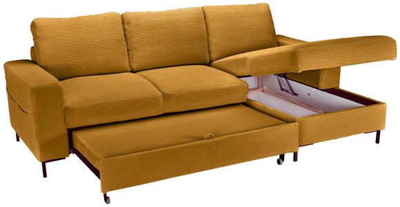 ECKSOFA Currygelb Cord Rückenkissen, Bettkasten, Schlaffunktion, Rücken echt, Liegefläche im Originalstoff  - Currygelb/Schwarz, KONVENTIONELL, Textil/Metall (240/150cm) - Carryhome