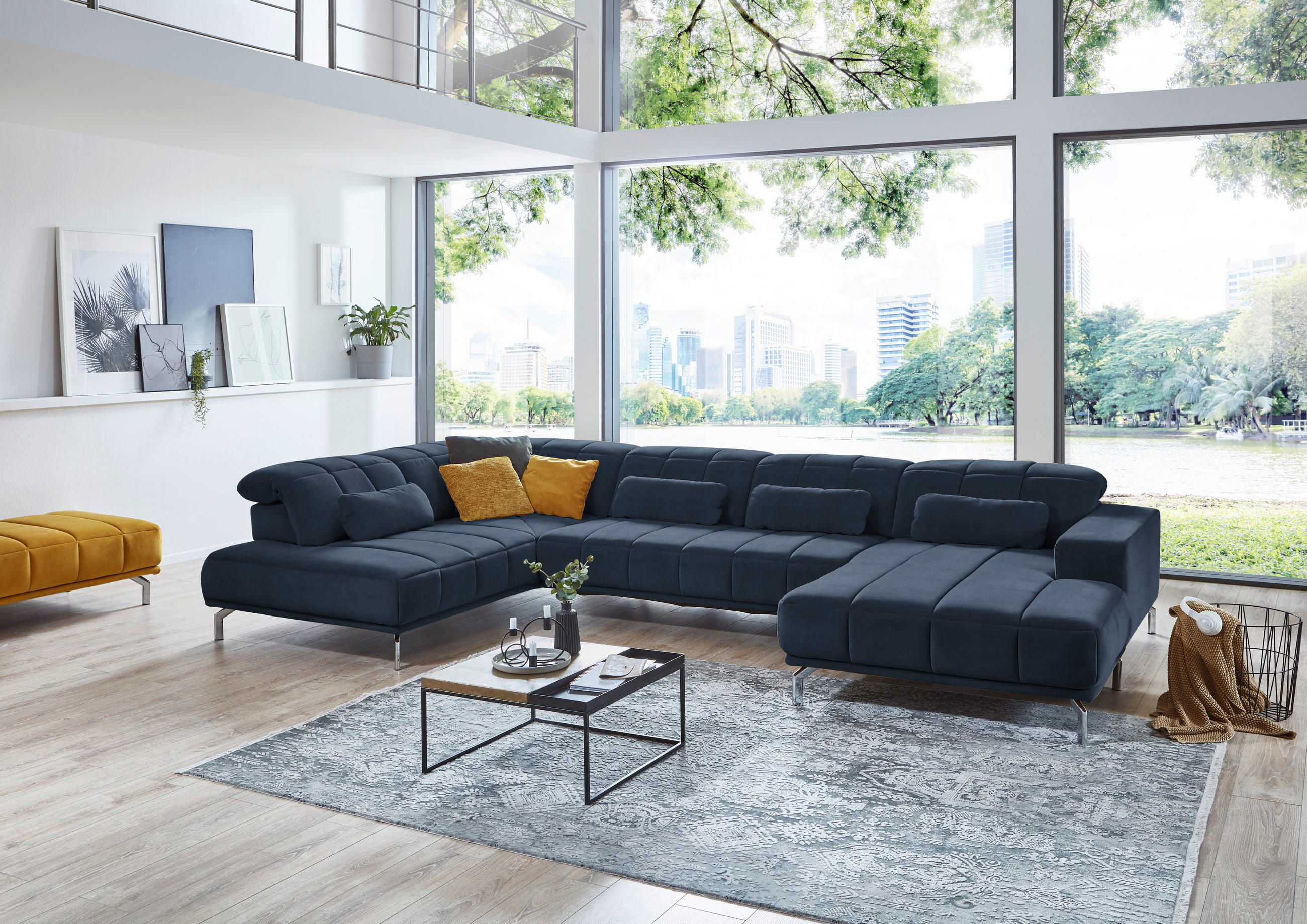 WOHNLANDSCHAFT Blau Velours - Blau/Schwarz, Design, Textil/Metall (219/383/195cm) - Beldomo Style