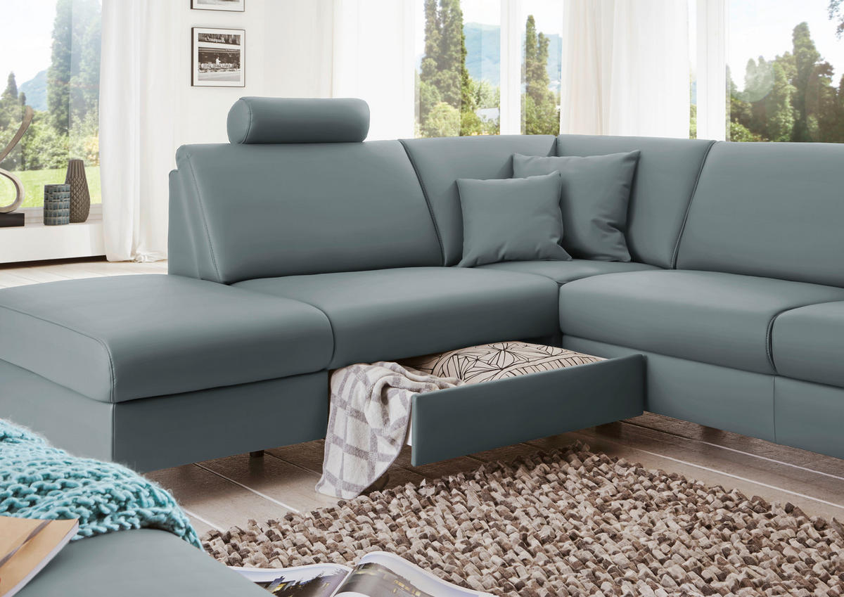 WOHNLANDSCHAFT in Echtleder Blaugrau  - Blaugrau/Alufarben, Design, Leder/Metall (233/339/165cm) - Beldomo Premium