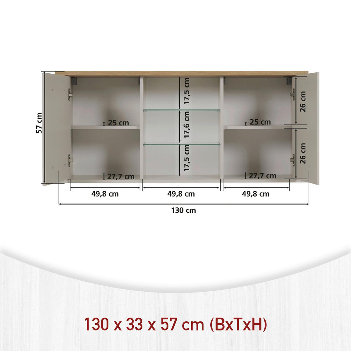 KÜCHENOBERSCHRANK 130/57/33 cm  in Kaschmir, Eiche Artisan  - Kaschmir/Silberfarben, ROMANTIK / LANDHAUS, Glas/Holzwerkstoff (130/57/33cm) - home24