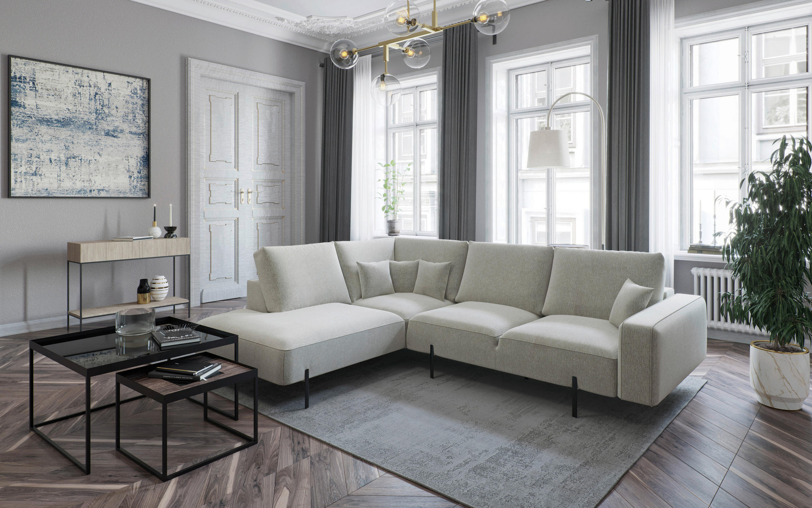 ECKSOFA in Flachgewebe Creme  - Creme/Schwarz, Design, Textil/Metall (296/223cm) - Livetastic