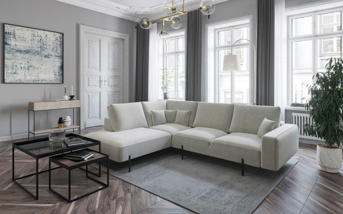 ECKSOFA in Flachgewebe Creme  - Creme/Schwarz, Design, Textil/Metall (296/223cm) - Livetastic