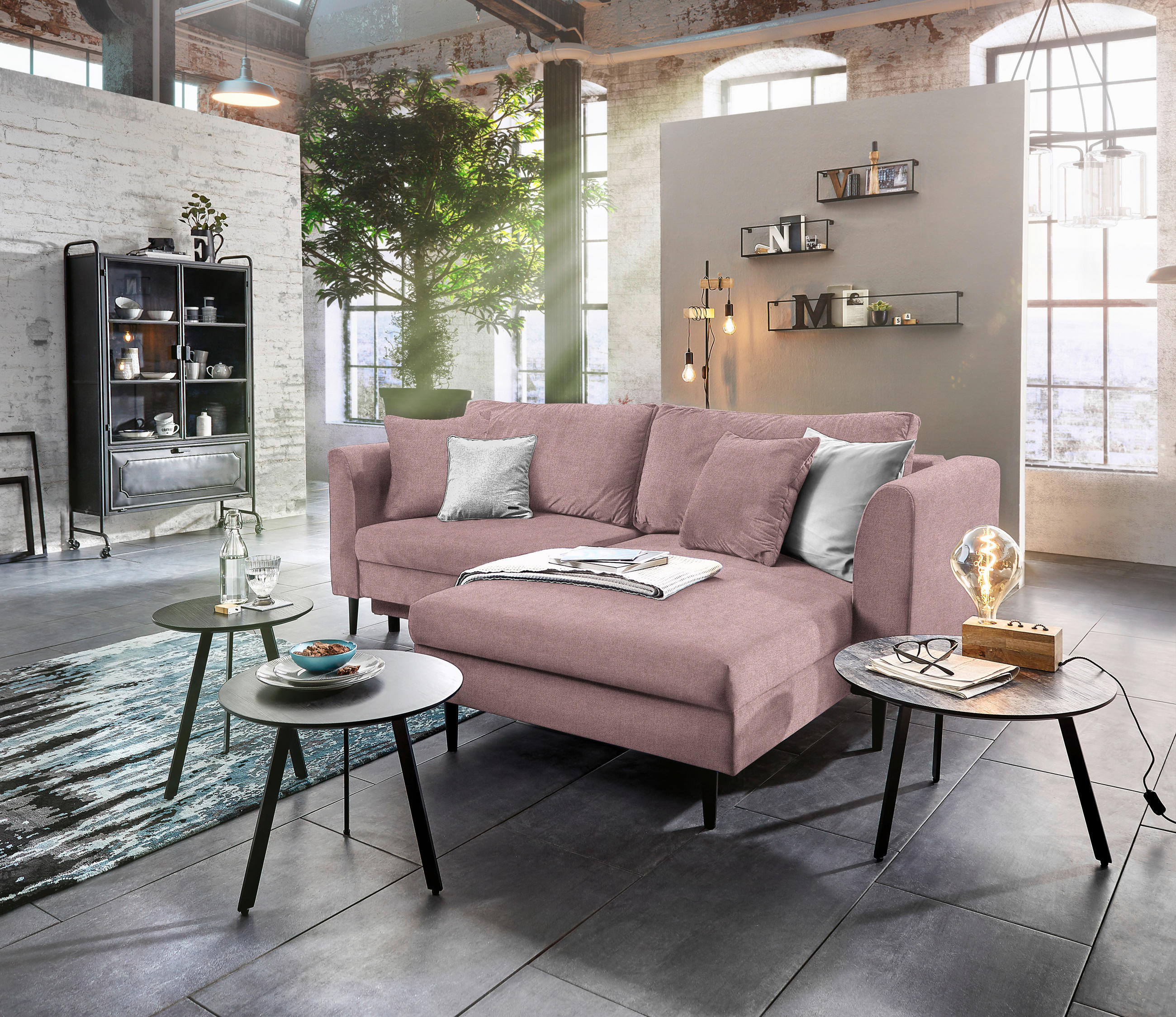 ECKSOFA in Velours Rosa  235/165 cm  - Schwarz/Rosa, Design, Holz/Textil (235/165cm) - Ti'me
