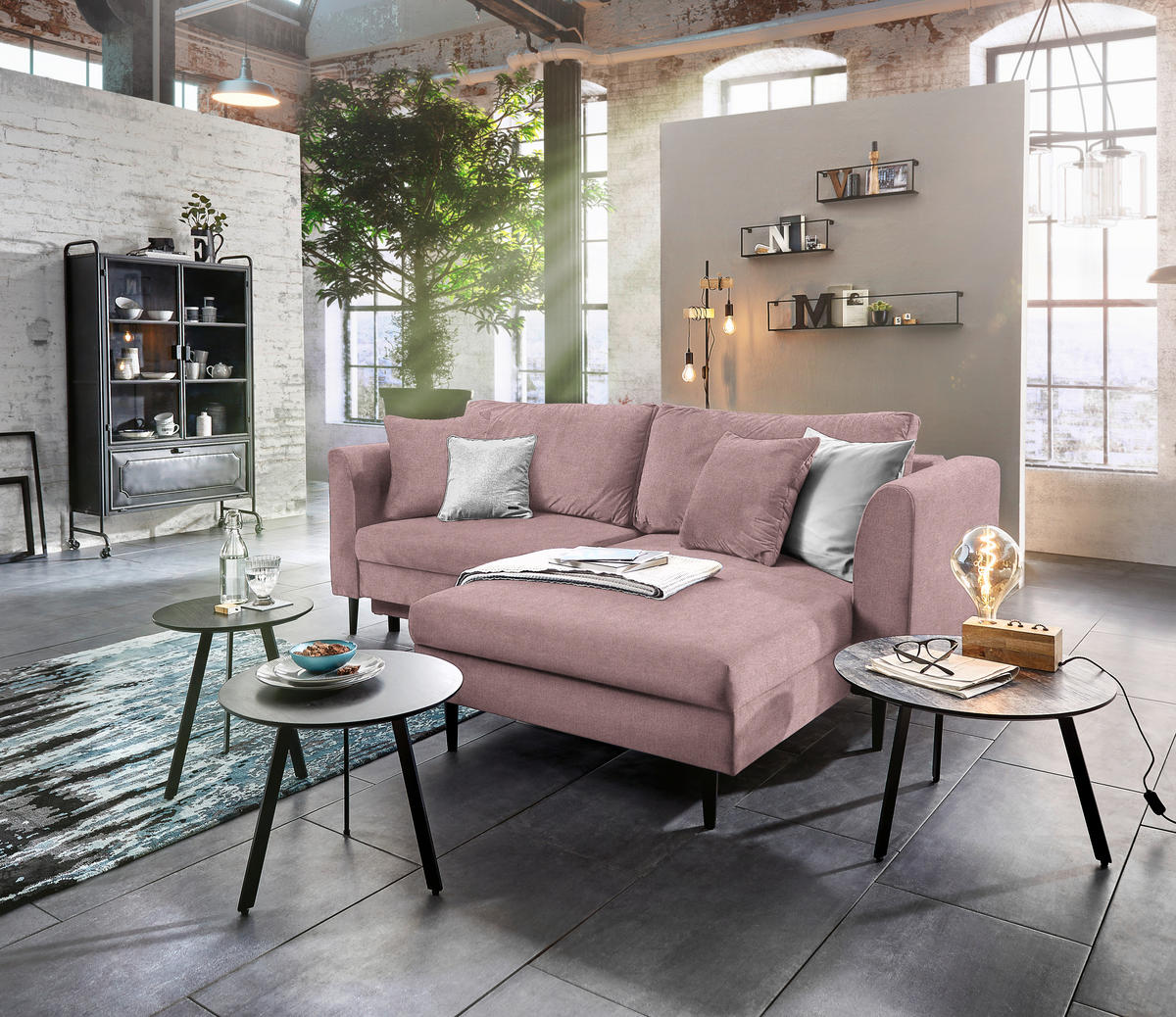 ECKSOFA in Velours Rosa  235/165 cm  - Schwarz/Rosa, Design, Holz/Textil (235/165cm) - Ti'me