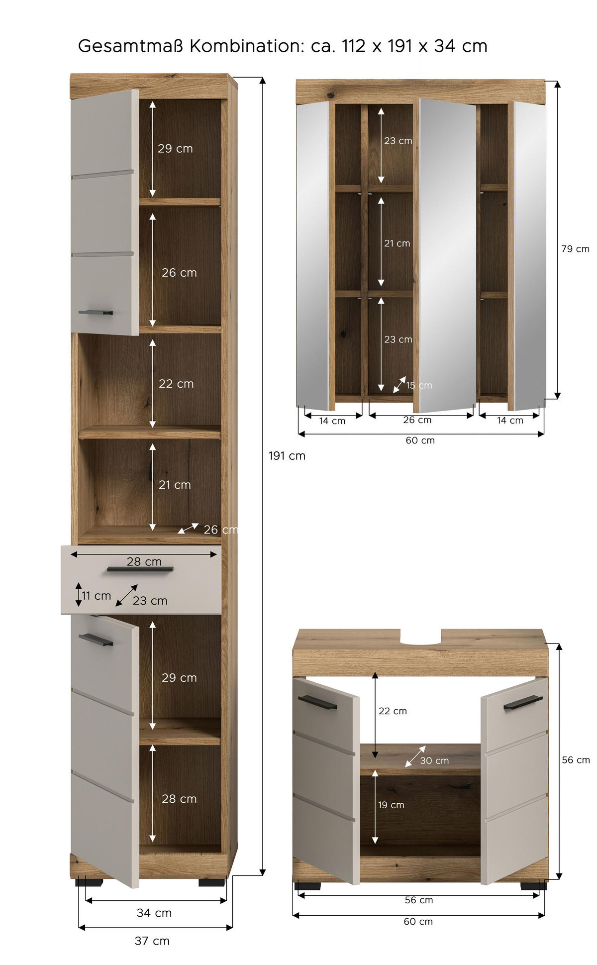 BADEZIMMER 3-teilig  in 97 cm  - Kaschmir/Schwarz, MODERN, Glas/Holzwerkstoff (97cm) - MID.YOU
