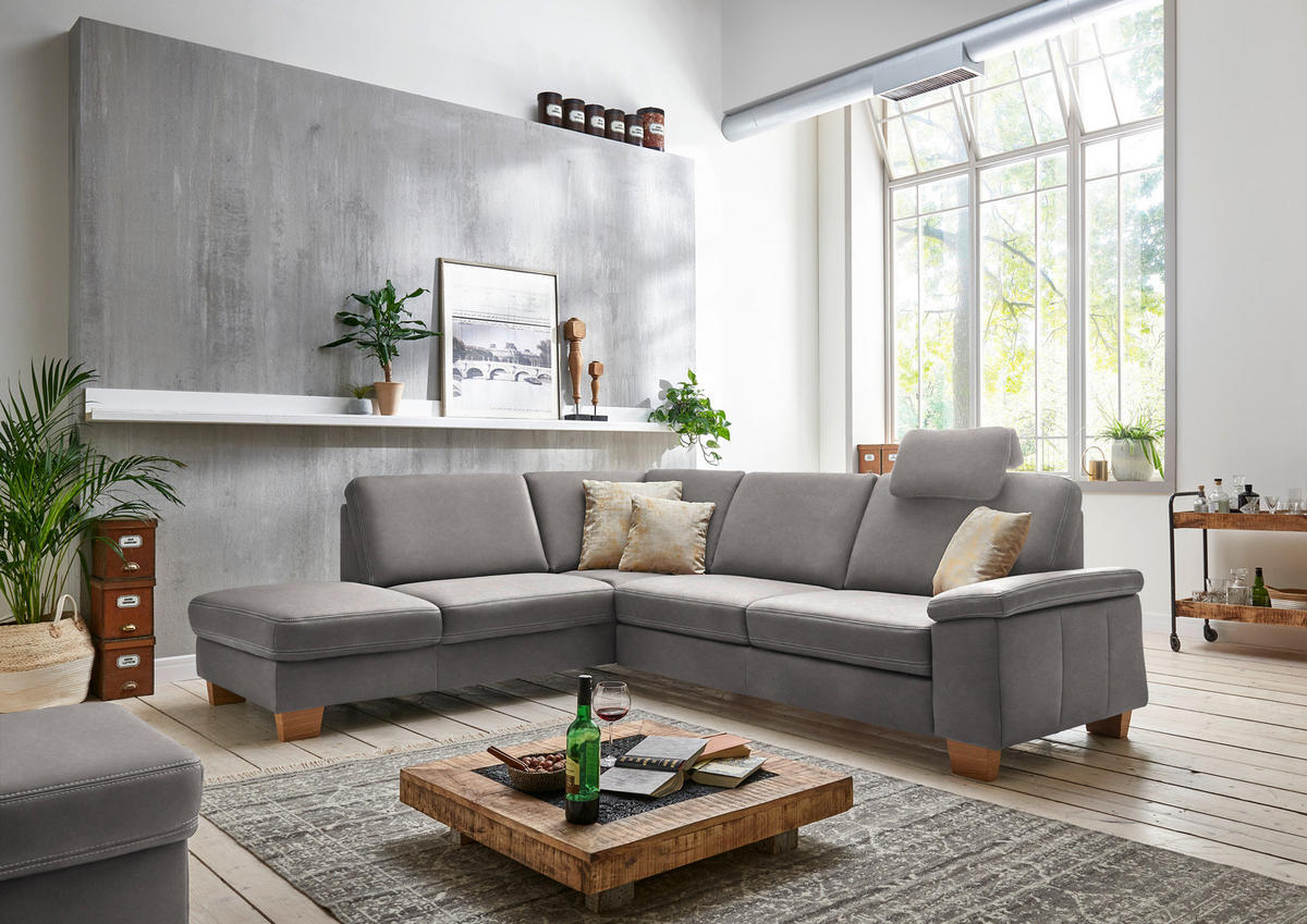 ECKSOFA  in Echtleder Grau  235/274 cm  - Eichefarben/Beige, KONVENTIONELL, Leder/Holzwerkstoff (235/274cm) - Beldomo Premium