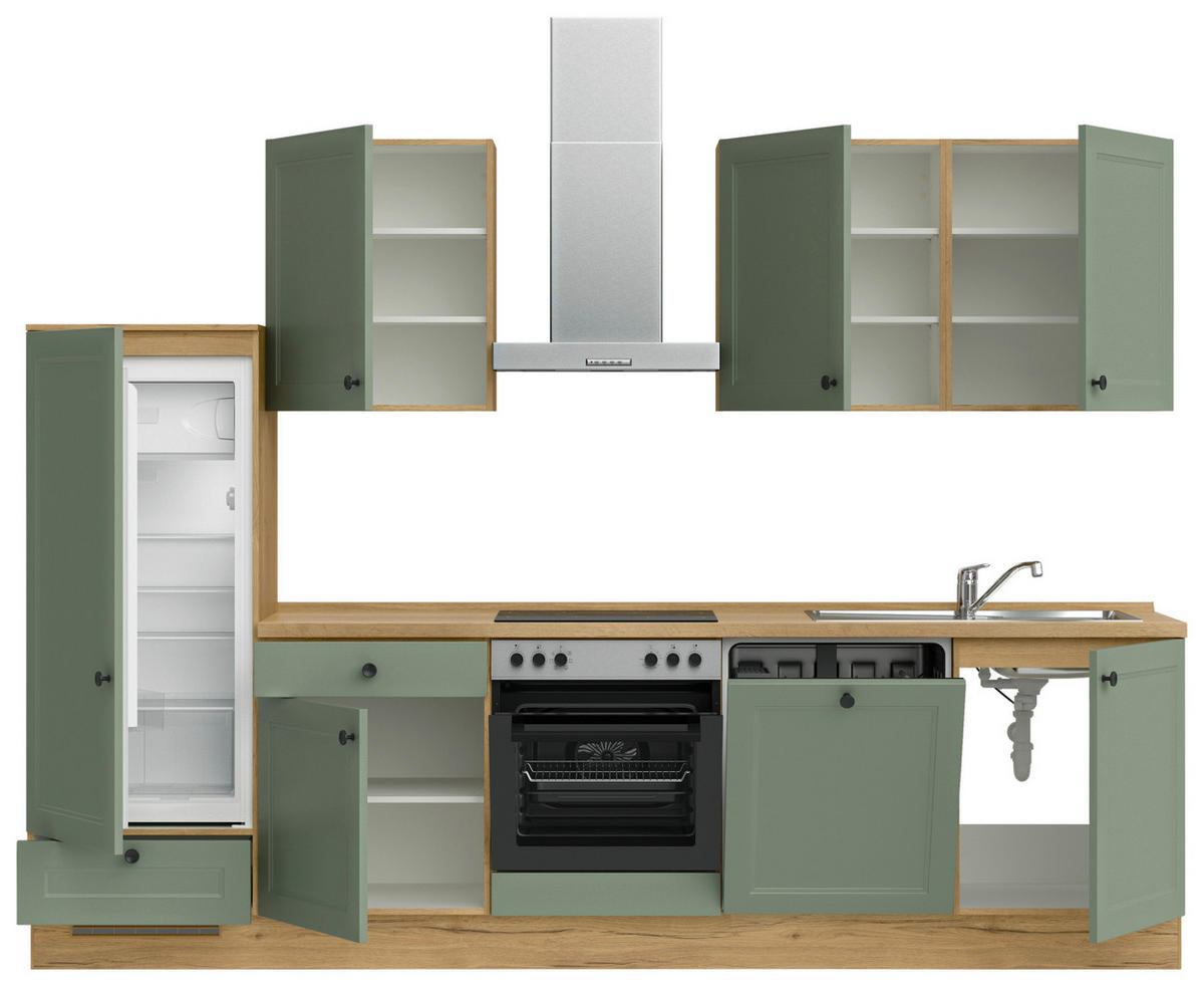 BUCĂTĂRIE FĂRĂ ELECTROCASNICE  - verde/culoare lemn stejar, Modern, metal/material pe bază de lemn (300cm) - Nobilia