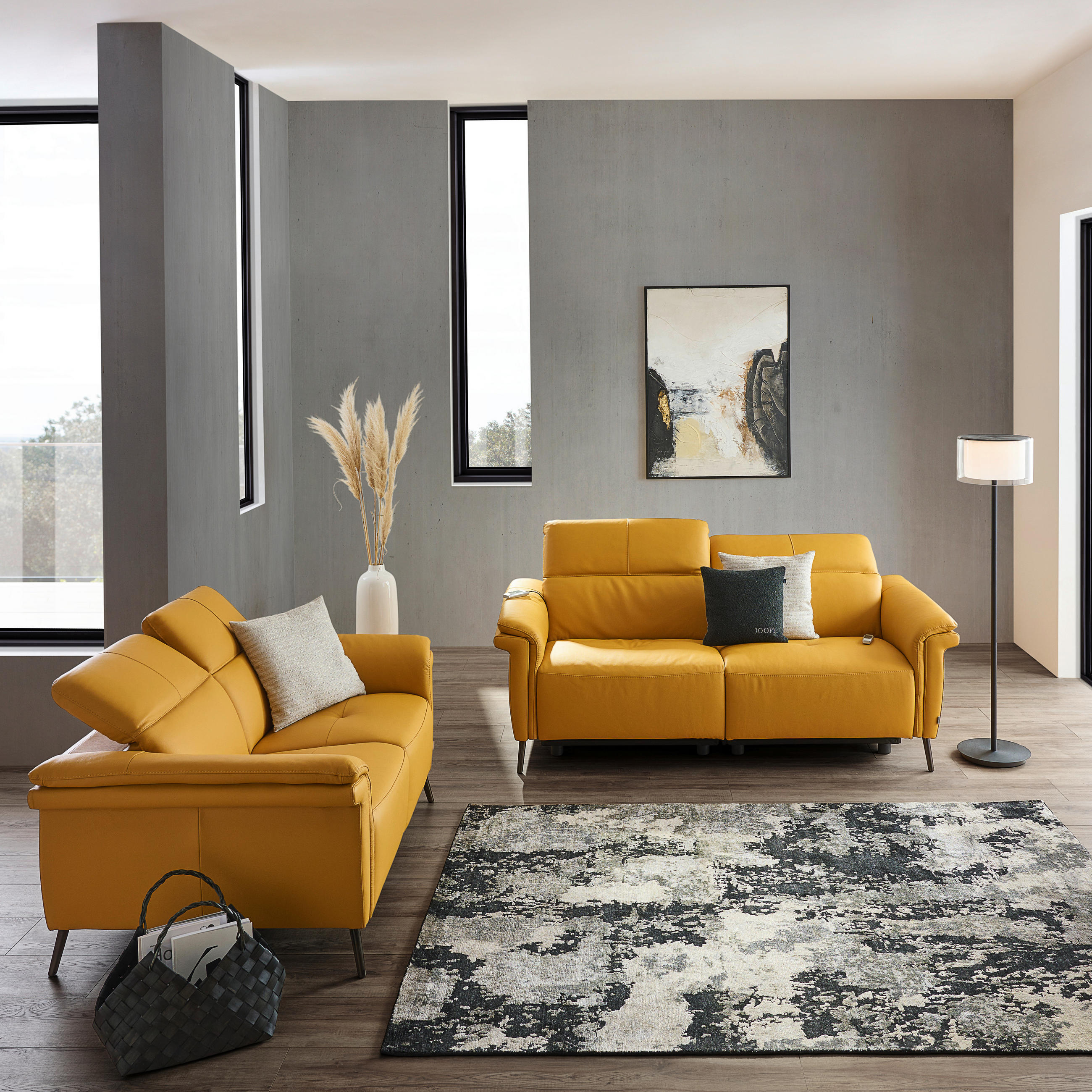 Thumbnail - Belluti 3-Sitzer-Sofa, Currygelb, Leder, Echtleder, Dickleder, 210x79x104 cm, Lederauswahl, Stoffauswahl, Hocker erhältl...