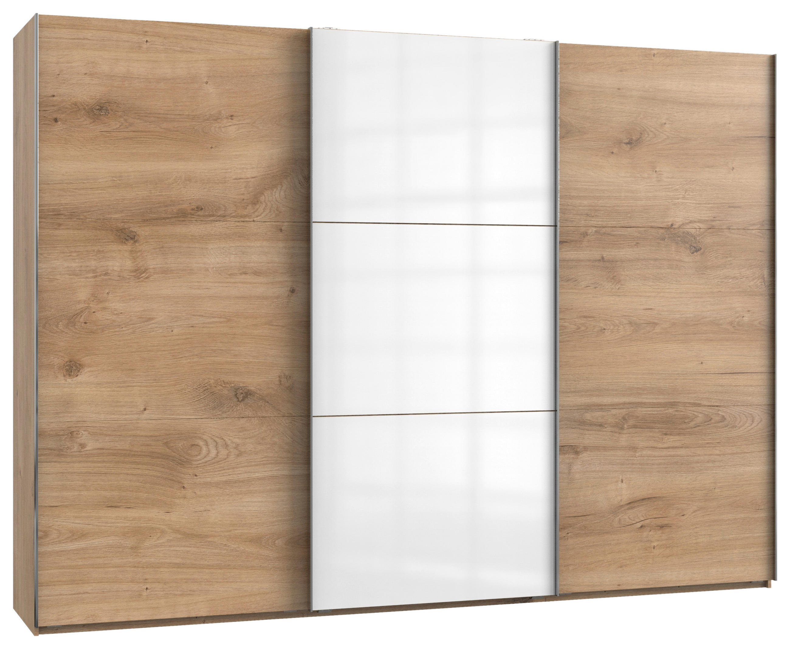 SCHWEBETÜRENSCHRANK 300/216/65 cm 3-türig Weiß, Eichefarben  - Chromfarben/Eichefarben, MODERN, Holzwerkstoff (300/216/65cm) - MID.YOU