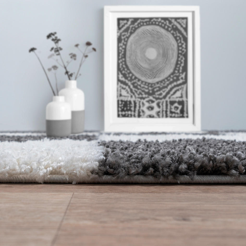 Thumbnail - Novel Hochflorteppich Milano, Grau, Weiß, Textil, Karo, rechteckig, 80x150 cm, für Fußbodenheizung geeignet, schmutzabwe...