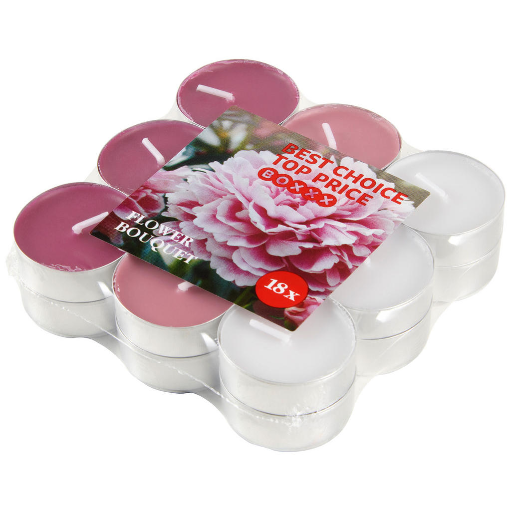 Boxxx SADA ČAJOVÝCH SVIEČOK kvetinové 18 kus - ružová, biela, farby slivky