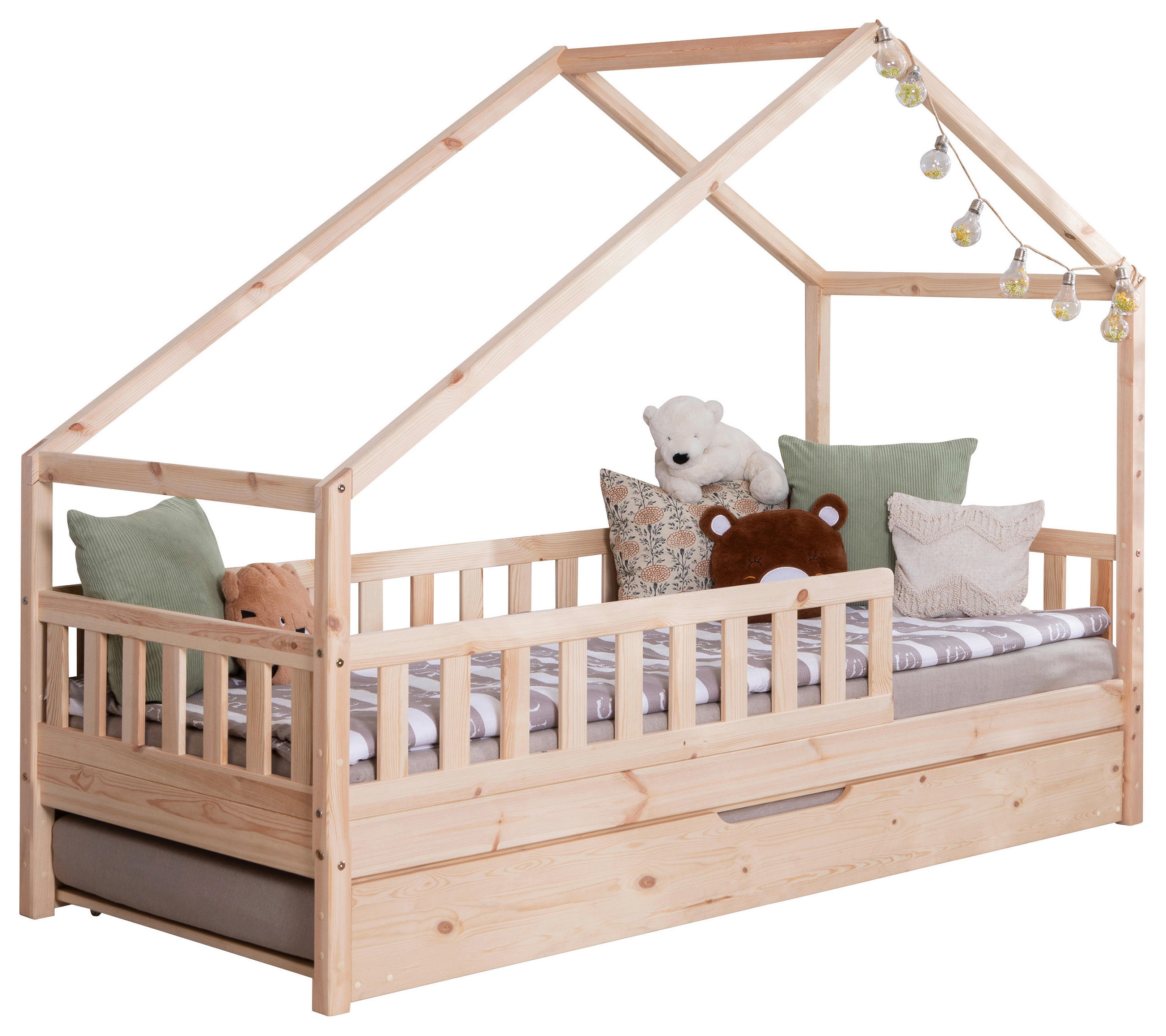HAUSBETT Absturzsicherung, Matratze, Rollrost, Bettkasten 90/200 cm  - Weiß/Naturfarben, MODERN, Holz/Textil (90/200cm) - MID.YOU