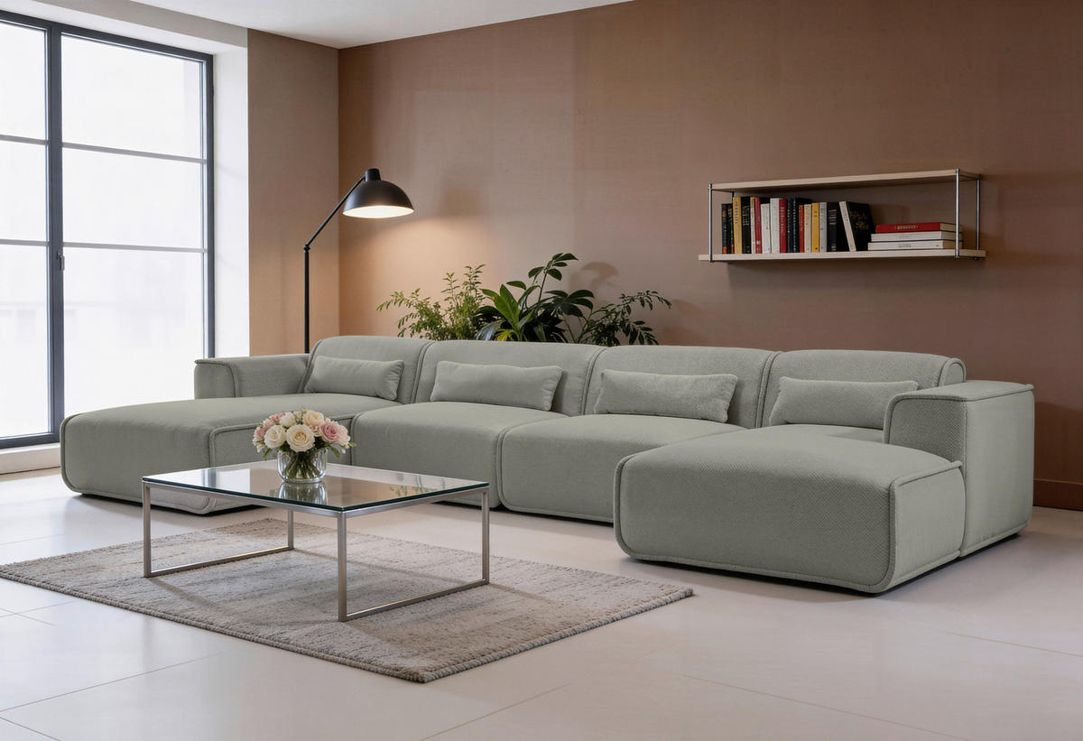 WOHNLANDSCHAFT LOMOCO MATEO Hellgrau Flachgewebe  - Hellgrau/Schwarz, Design, Kunststoff/Textil (165/386/165cm) - Lomoco
