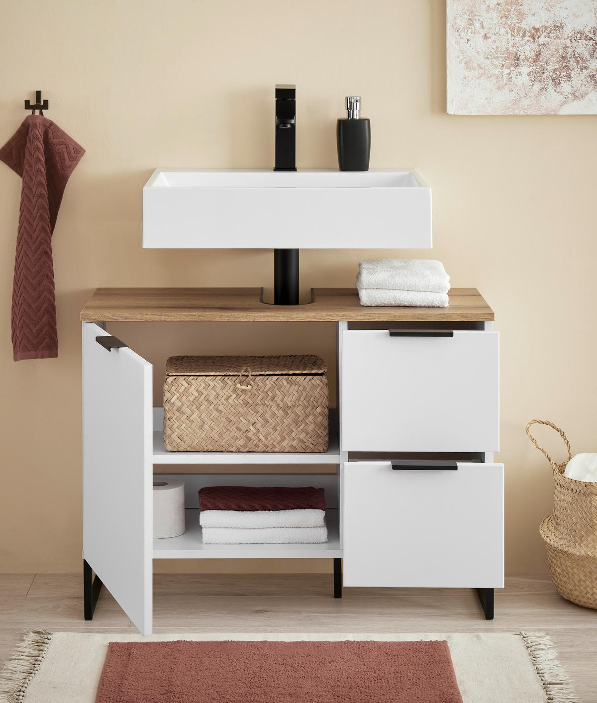 WASCHBECKENUNTERSCHRANK 80/60/35 cm  - Eichefarben/Schwarz, KONVENTIONELL, Holzwerkstoff/Metall (80/60/35cm) - home24