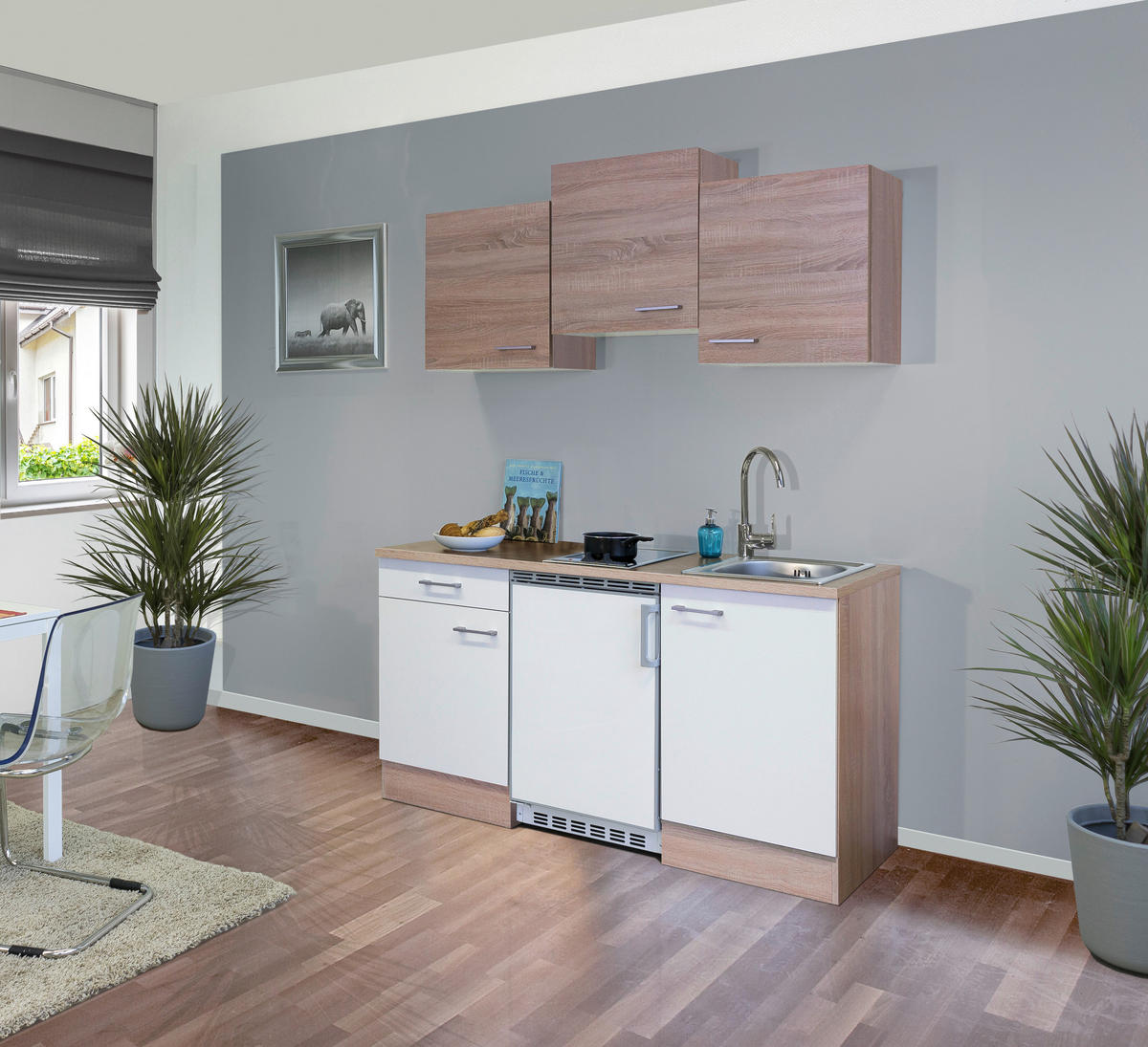 MINIKÜCHE 150,5 cm   in Weiß, Sonoma Eiche  - Alufarben/Weiß, MODERN, Holzwerkstoff/Kunststoff (150,5cm) - FlexWell